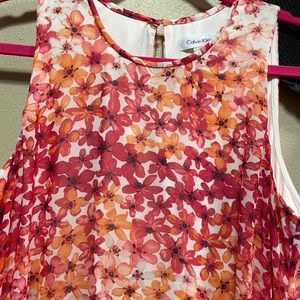 🟢 NWOT Calvin Klein Floral Midi Dress Size12Red Orange Sleeveless Summer Layered